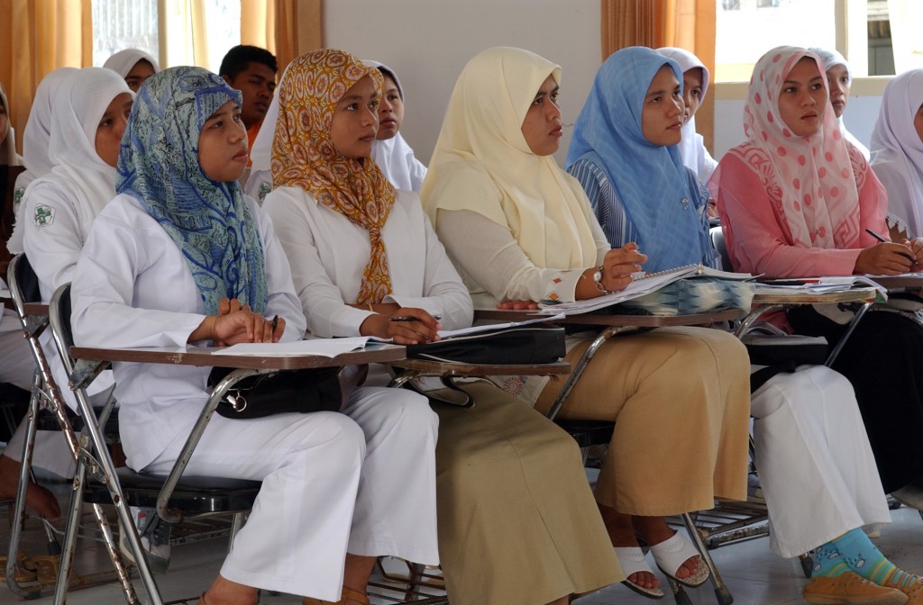 050223-N-8796S-135 Banda Aceh, Sumatra, Indonesia (Feb. 23 2005) Ð Indonesian nursing students at the University Hospital in Banda Aceh on the island of Sumatra, Indonesia, listen to a lecture given by U.S. Navy nurses, assigned to the Military Sealift Command (MSC) hospital ship USNS Mercy (T-AH 19), on proper diabetes care and treatment. Mercy is serving as an enabling platform to assist humanitarian operations ashore in ways that host nations and international relief organization find useful. Mercy is currently off the waters of Indonesia in support of Operation Unified Assistance, the humanitarian relief effort to aid the victims of the tsunami that struck Southeast Asia. U.S. Navy photo by Photographer's Mate 2nd Class Timothy Smith (RELEASED)